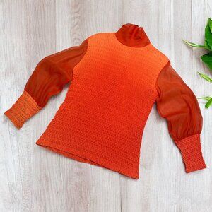 Vintage 1960s-70s Smocked High-Neck Blouse – Sheer Bishop Sleeves, Bold Orange
